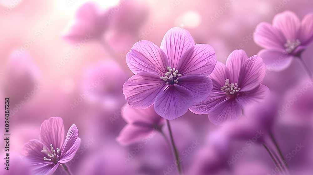 Delicate purple blooms against soft pink gradient create dreamy floral scene with ethereal atmosphere and romantic mood in panoramic macro photography. Delicate purple blooms against soft pink gradient create dreamy floral scene with ethereal atmosphere and romantic mood in panoramic macro photography.