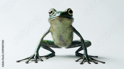 A frog with its body turned towards the camera, displaying its vibrant green skin and long legs on a white background photo