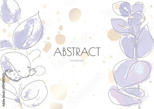 Flower Cover Background. Floral Vector Watercolor Abstract Design. Spring Leaves Art Poster with Gold Frames. Simple Summer Greeting Invitation. Botanical Elegant Card Template. Luxury Simple Geometri