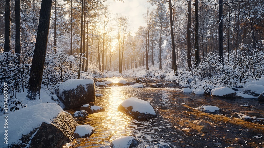 Scenic view of a river with snow-covered rocks and trees. Scenic view of a river with snow-covered rocks and trees.