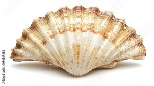 A shellfish with its open shell, revealing the natural shape and texture of the inner surface on a white background