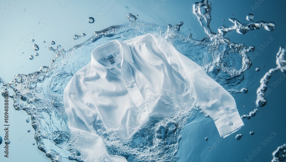 White Shirt Floating in Blue Water with Bubbles, Suggestive of Washing Scene White Shirt Floating in Blue Water with Bubbles, Suggestive of Washing Scene