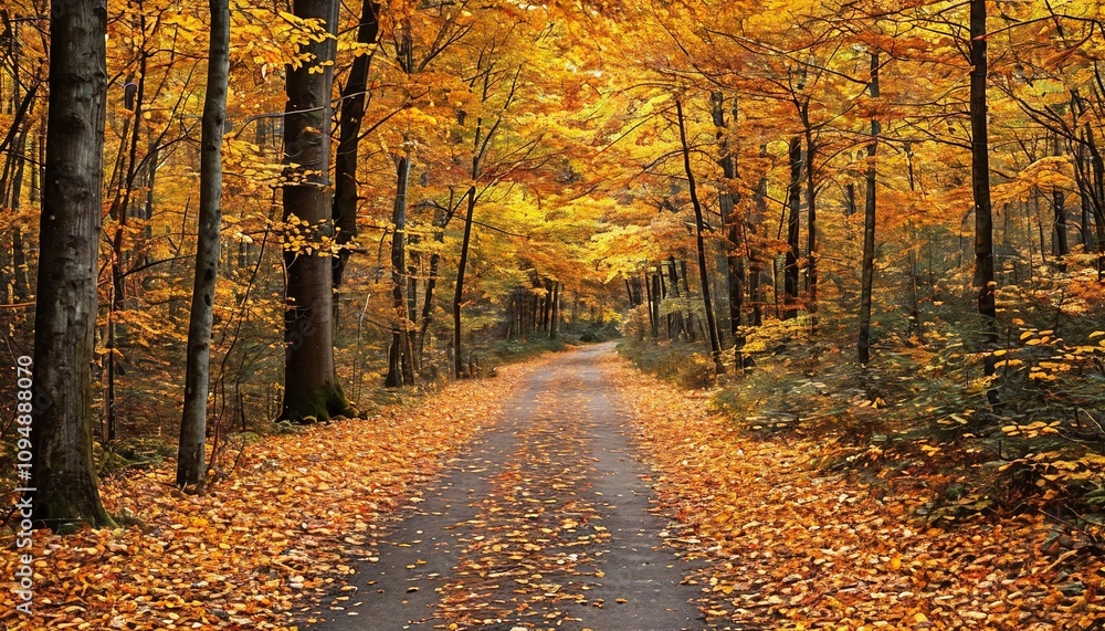A forest path surrounded by golden fall leaves. A forest path surrounded by golden fall leaves.