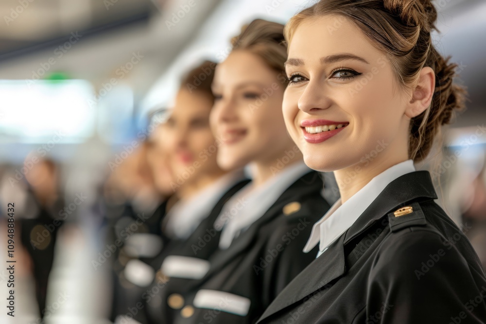 High Angle Shot of a Group of Stewardesses in Uniform Smiling with a Bright Background, Showcasing Professionalism and Team Spirit in Aviation Setting High Angle Shot of a Group of Stewardesses in Uniform Smiling with a Bright Background, Showcasing Professionalism and Team Spirit in Aviation Setting