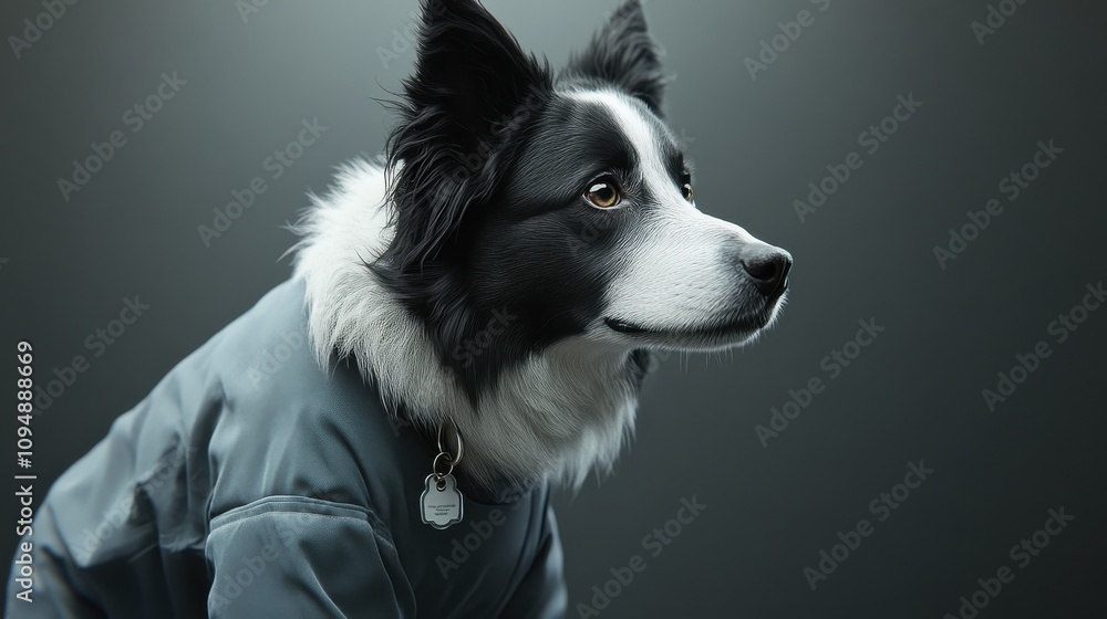 A black and white dog stands proudly, sporting a stylish jacket, while looking to the side. The neutral backdrop enhances the dog's expression and outfit, creating a striking visual. A black and white dog stands proudly, sporting a stylish jacket, while looking to the side. The neutral backdrop enhances the dog's expression and outfit, creating a striking visual.