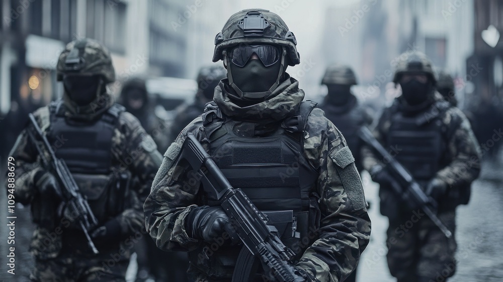 Military personnel patrolling with heavy equipment Military personnel patrolling with heavy equipment