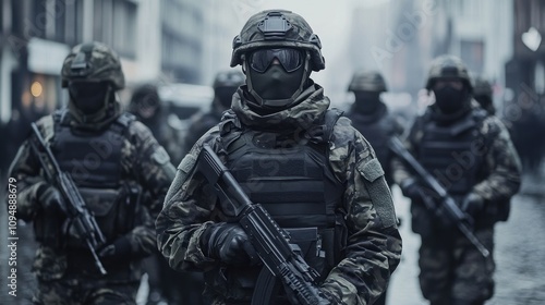 Military personnel patrolling with heavy equipment