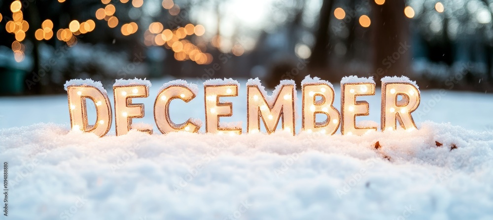 Φωτογραφία December in Lights Festive Wooden Letters Illuminate the Snowy Landscape with a