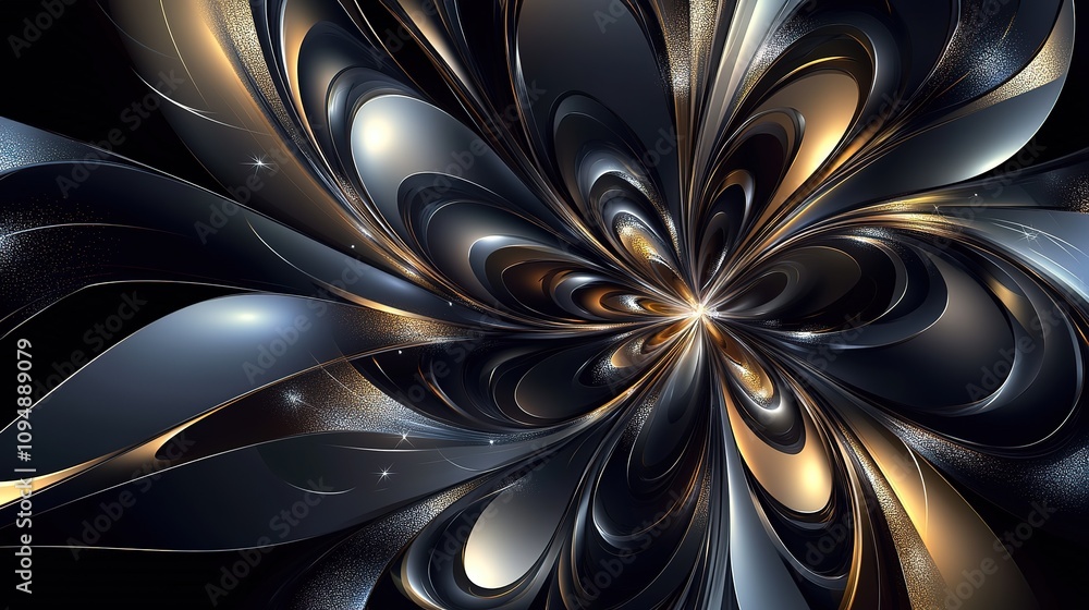 Abstract metallic flower design with gold and silver petals on black background. Abstract metallic flower design with gold and silver petals on black background.