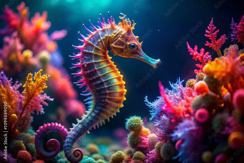 Captivating Low Light Photography of a Beautiful Seahorse Gliding Through Dark Waters, Showcasing Its Unique Features and Vibrant Colors in an Underwater Wonderland Captivating Low Light Photography of a Beautiful Seahorse Gliding Through Dark Waters, Showcasing Its Unique Features and Vibrant Colors in an Underwater Wonderland