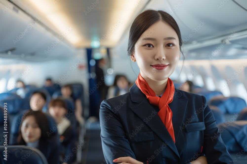 Smiling Korean Flight Attendant in an Airplane Cabin with Passengers Seated in the Background, Capturing a Warm and Welcoming Atmosphere in Air Travel Smiling Korean Flight Attendant in an Airplane Cabin with Passengers Seated in the Background, Capturing a Warm and Welcoming Atmosphere in Air Travel