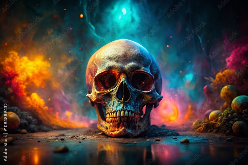 Captivating Low Light Photography of a Human Skull Against a Watercolor Background - Perfect for Artistic and Creative Projects Captivating Low Light Photography of a Human Skull Against a Watercolor Background - Perfect for Artistic and Creative Projects