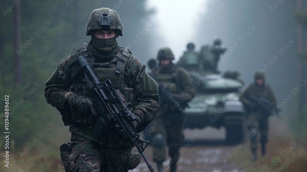 Armed Soldier Advancing with Tank in Foggy Setting Armed Soldier Advancing with Tank in Foggy Setting