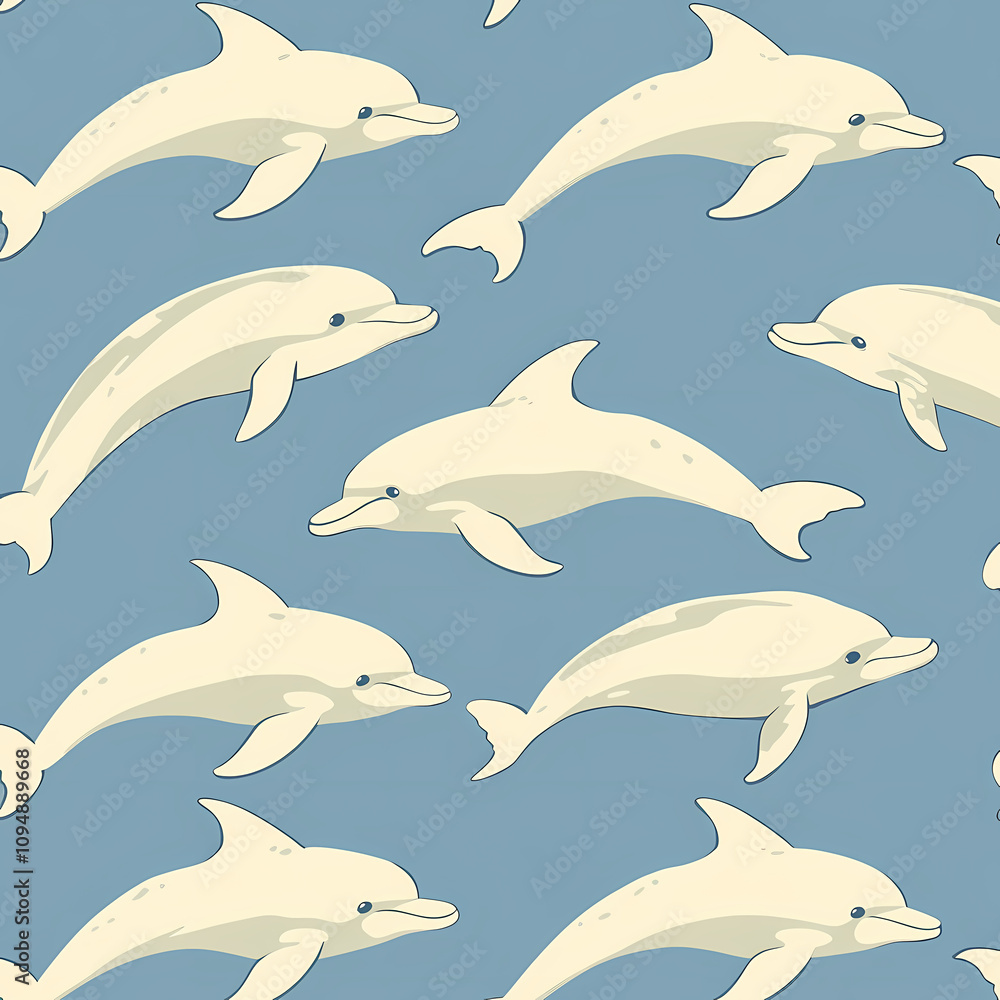 On a pastel blue background, small silhouettes of dolphins are arranged in a pattern On a pastel blue background, small silhouettes of dolphins are arranged in a pattern