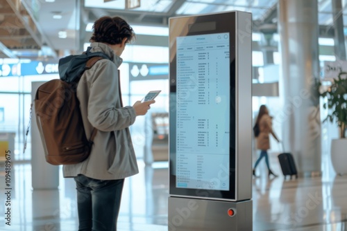 Solo Traveler Using Smartphone While Navigating Airport Terminal With Interactive Display in Modern Travel Environment