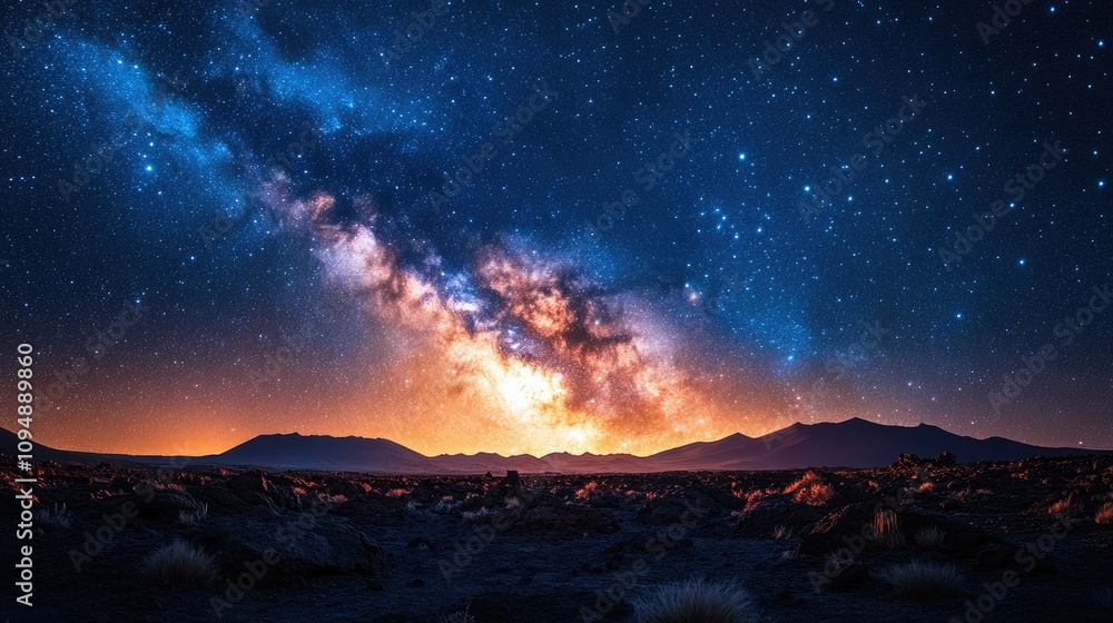 Fototapeta premium A stunning night sky featuring the Milky Way over a rocky landscape at sunset.