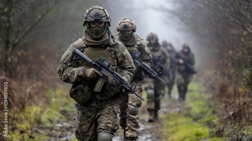 Soldiers Marching in Misty Terrain