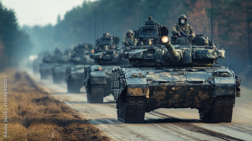 Convoy of Tanks Progressing Through a Forest Path Convoy of Tanks Progressing Through a Forest Path