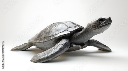 A turtle with its body curved, its legs splayed out as if it is basking in the sun on a white background photo