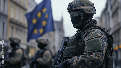 Soldier with European flag in the backdrop