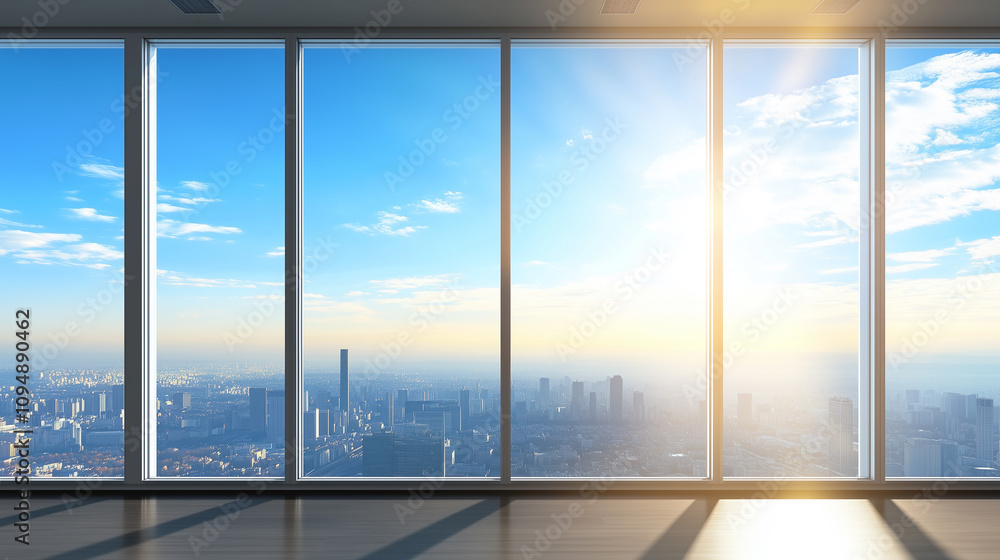Naklejka premium Bright and Spacious Modern Urban Office with Glass Windows Background