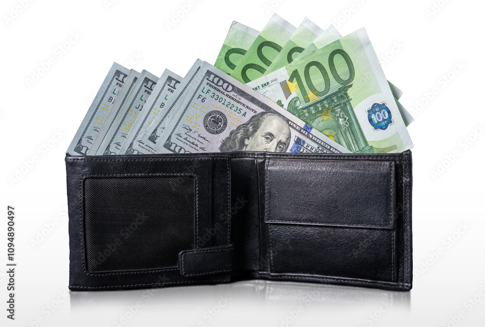 Open Black Wallet Filled with US Dollars and Euros Open Black Wallet Filled with US Dollars and Euros