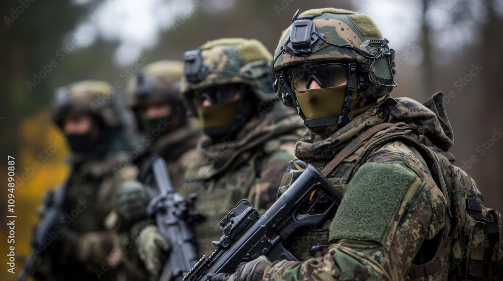 Fototapeta premium Group of soldiers ready for action in the forest