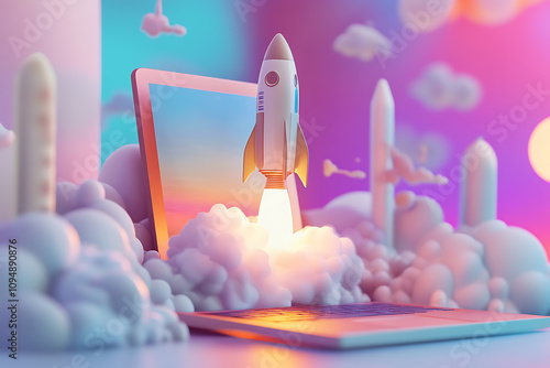 A 3D rendering of a rocket taking off, emerging dynamically from a laptop screen, symbolizing innovation, technology, and limitless possibilities in the digital age.