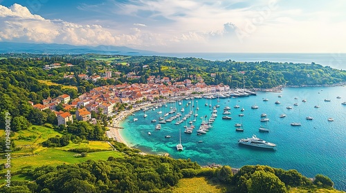 Aerial view of coastal town, harbor, yachts, turquoise water, beach, green hills.