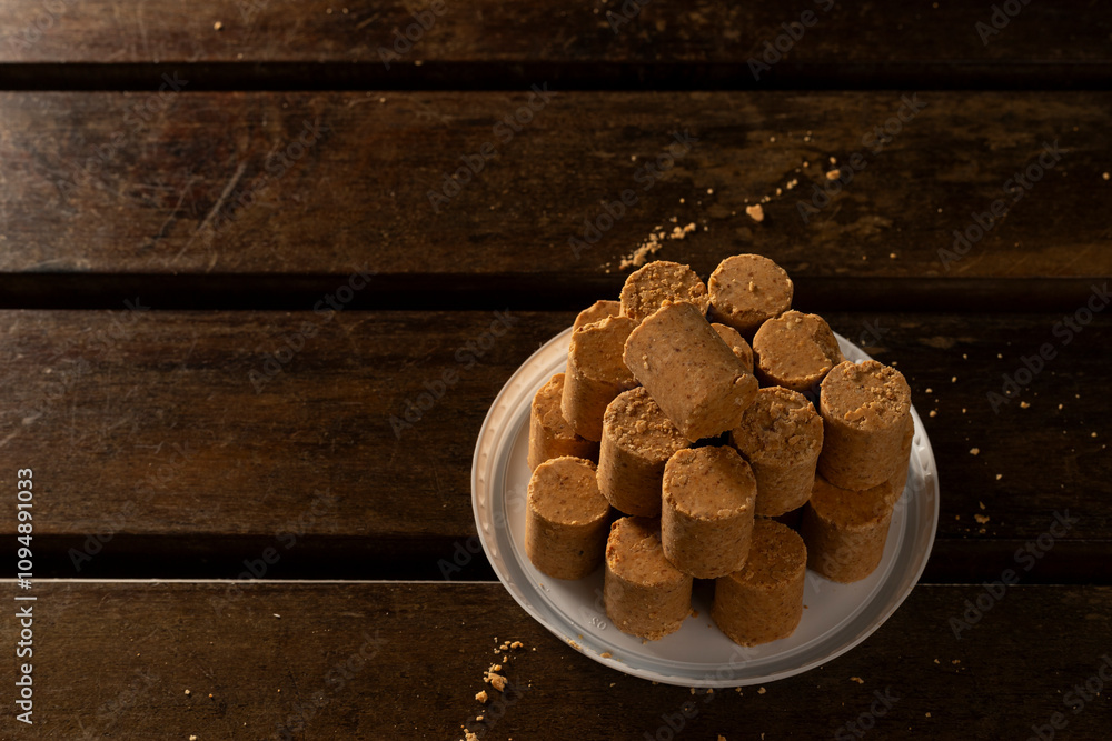 Fototapeta premium Sweet Brazilian Peanut Called Paçoca on a wooden desk