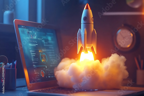 Wallpaper Mural A 3D rendering of a rocket taking off, emerging dynamically from a laptop screen, symbolizing innovation, technology, and limitless possibilities in the digital age. Torontodigital.ca