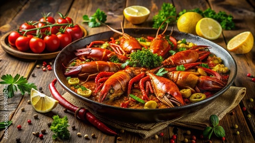 Captivating Low Light Photography of Crawfish Spanish Dish with Vibrant Colors and Textures for Culinary Enthusiasts and Food Lovers