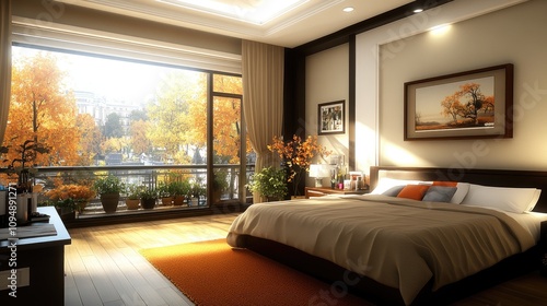 Bright bedroom features a large bed with textured blankets and pillows, offering a view of vibrant autumn leaves outside