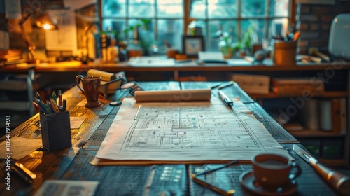 A cozy workspace featuring architectural plans, tools, and a warm atmosphere.