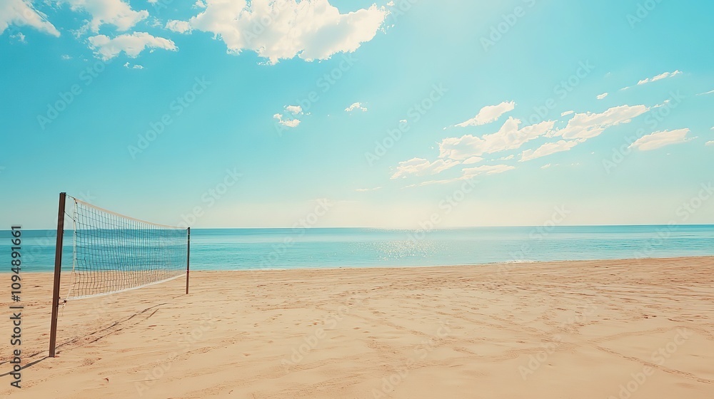 Beach volleyball net on sandy shore, sunny day. Beach volleyball net on sandy shore, sunny day.