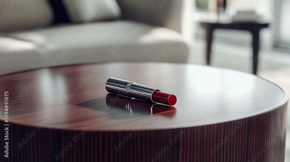 A bold red lipstick lies gracefully on a smooth wooden surface, capturing the warmth of a stylish living space adorned with soft furnishings and gentle light. A bold red lipstick lies gracefully on a smooth wooden surface, capturing the warmth of a stylish living space adorned with soft furnishings and gentle light.