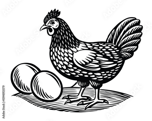 Chicken eggs and farm hen handdrawn engraving style vector