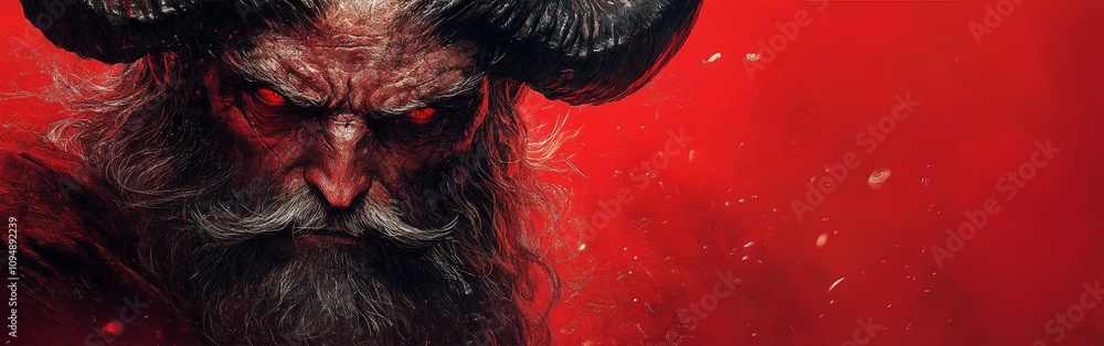 Fototapeta premium Terrifying Krampus with Red Eyes and Horns, Illustration