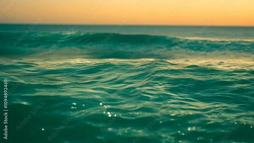 A low angle static shot of teal ocean waves at sunset. A low angle static shot of teal ocean waves at sunset.
