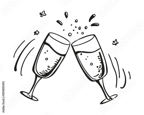 Festive glasses of champagne with splashes vector. Engraving style vector illustration, black and white