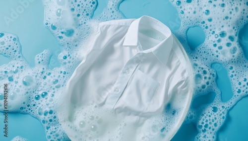 Close-Up of Clean White Men’s Button-Up Shirt in Laundry Bowl with Foam Bubbles on Blue Background
