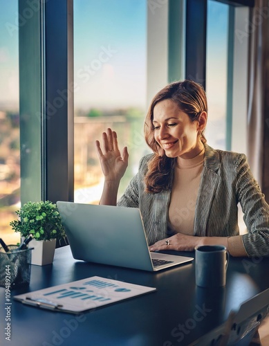 Remote hybrid work and telecommuting setup with businesswoman on laptop in a home office for virtual team collaboration photo