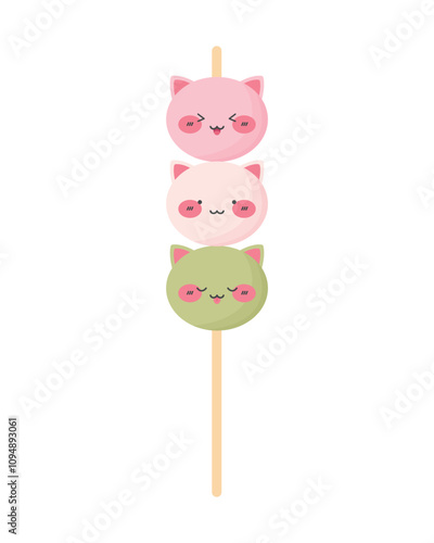 Cute kawaii cats on dango stick. Mochi Hanami dango Japanese sweet rice cake dessert. Vector illustration