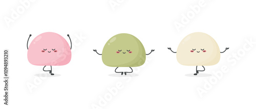 Three cute cartoon mochi characters doing yoga. Japanese sweet rice cake dessert. Vector illustration