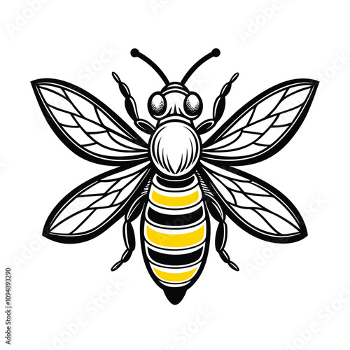 Honey bee hand-drawn engraving outline style, vector, black and white