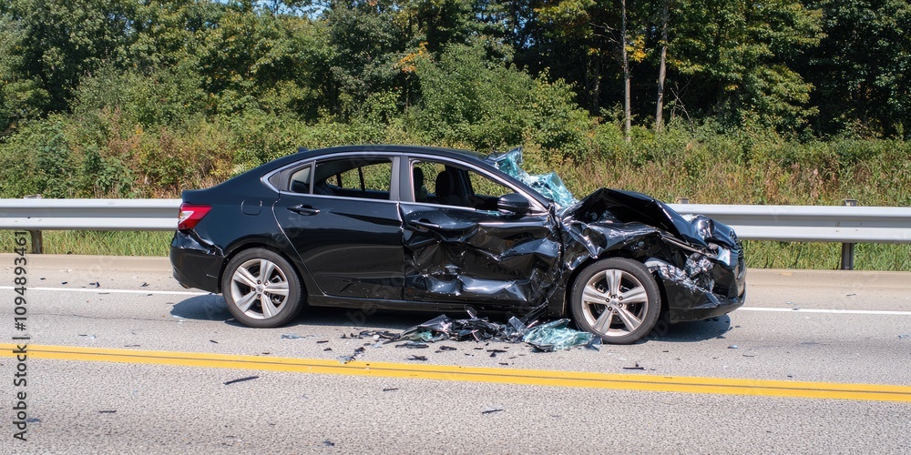 A damaged black car on the side of the road after an accident, showcasing the impact and destruction caused by car collisions. A damaged black car on the side of the road after an accident, showcasing the impact and destruction caused by car collisions.