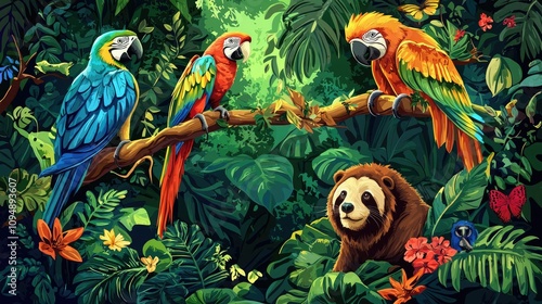 An illustrated scene with jungle animals like parrots, tigers, and sloths in vibrant, bold colors.  photo