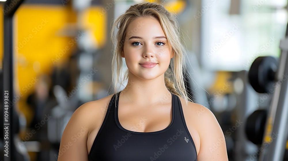 Fototapeta premium A young overweight woman is dedicated to transforming her body through regular gym workouts, focusing on weight training and aerobic exercises to improve her overall health and fitness levels