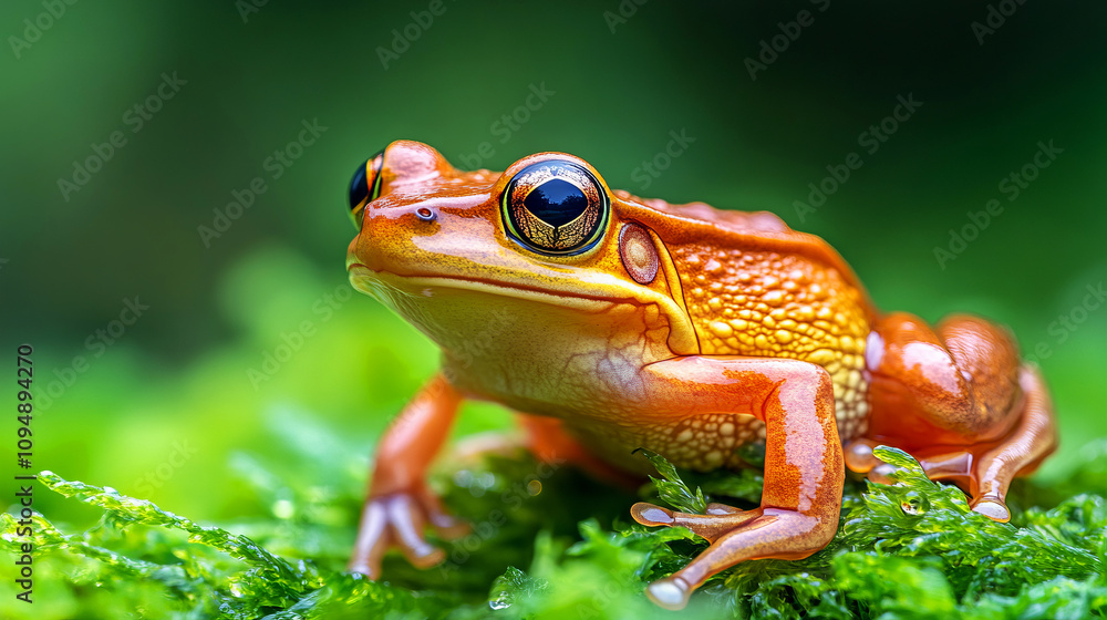 Close-Up of Vibrant Orange Frog Sitting on Green Moss in Nature, Highlighting the Intricate Details of Its Skin and Large Expressive Eyes