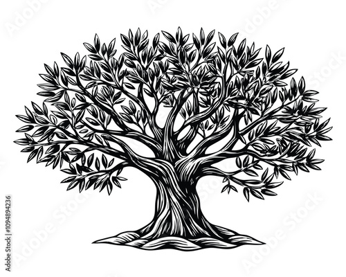 Olive tree with olives on branches. Hand drawn vector illustration in vintage engraving style